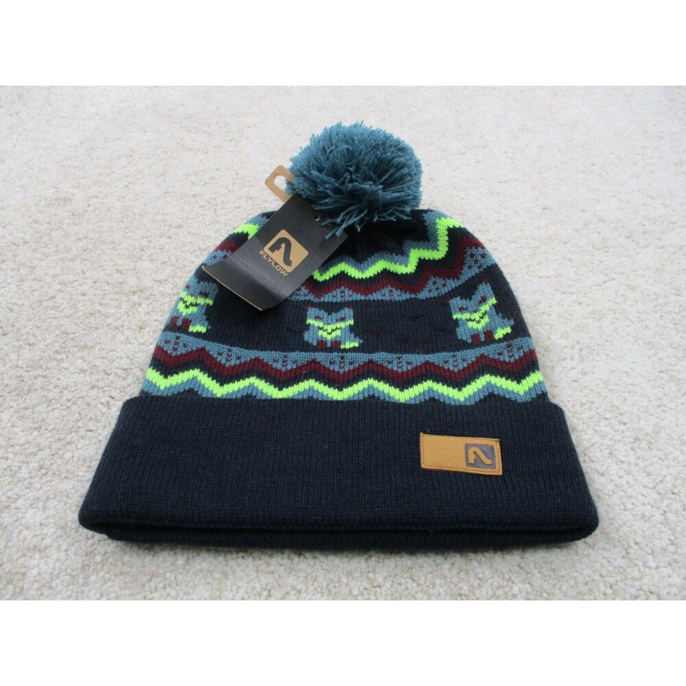Flylow Hat Cap Beanie Midnight Blue Green One Size Stretch Winter Revival Pom